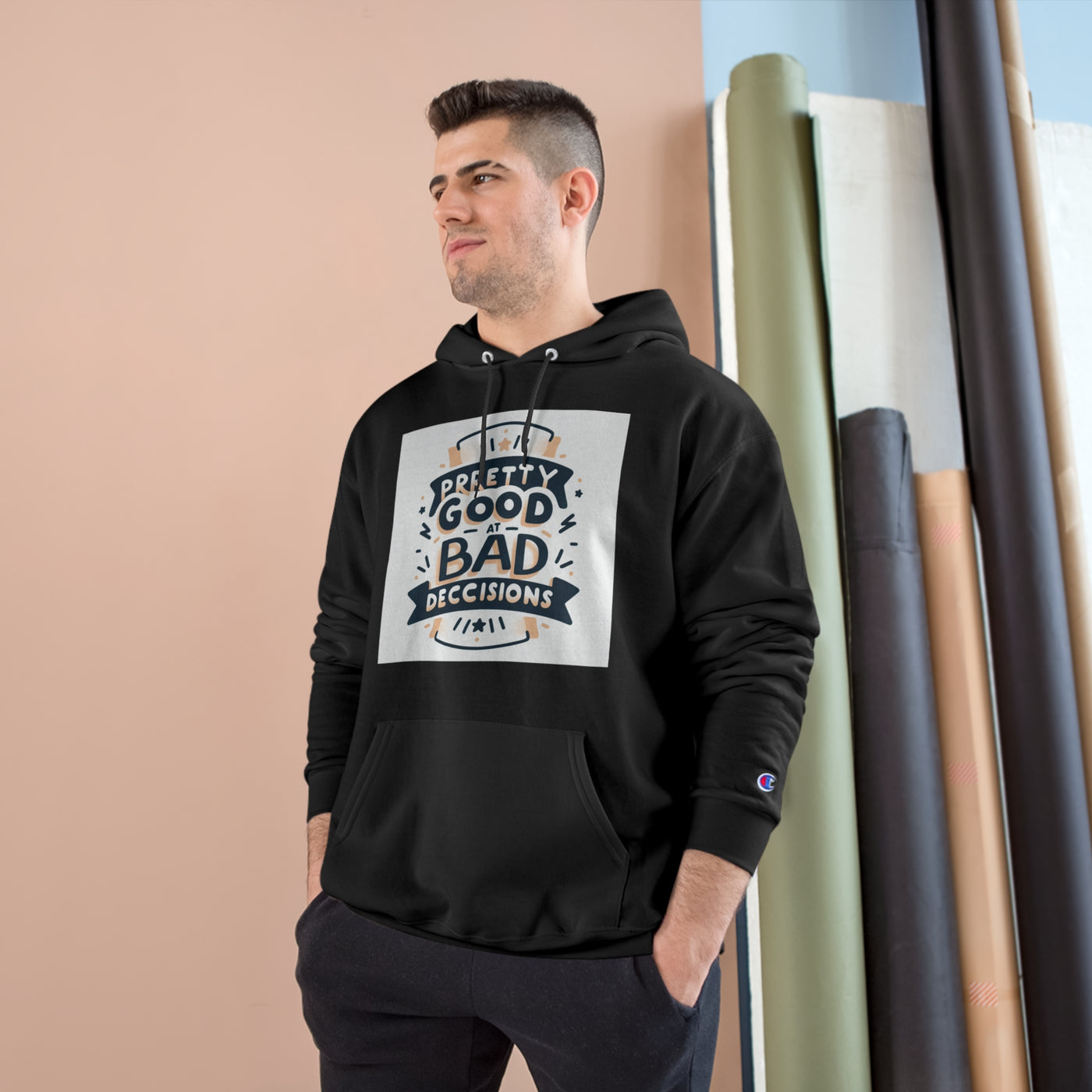 Pretty Good Bad Decisions Champion Hoodie - Trendy Black Sweatshirt for Fun Nights Out